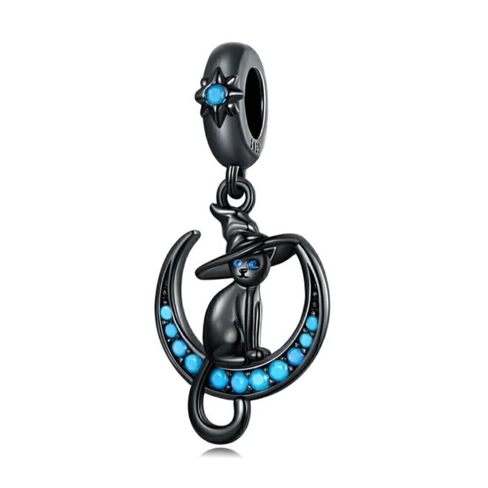 Black Plated Gold over Sterling Silver Black Cat on Turquoise Moon Dangl…
